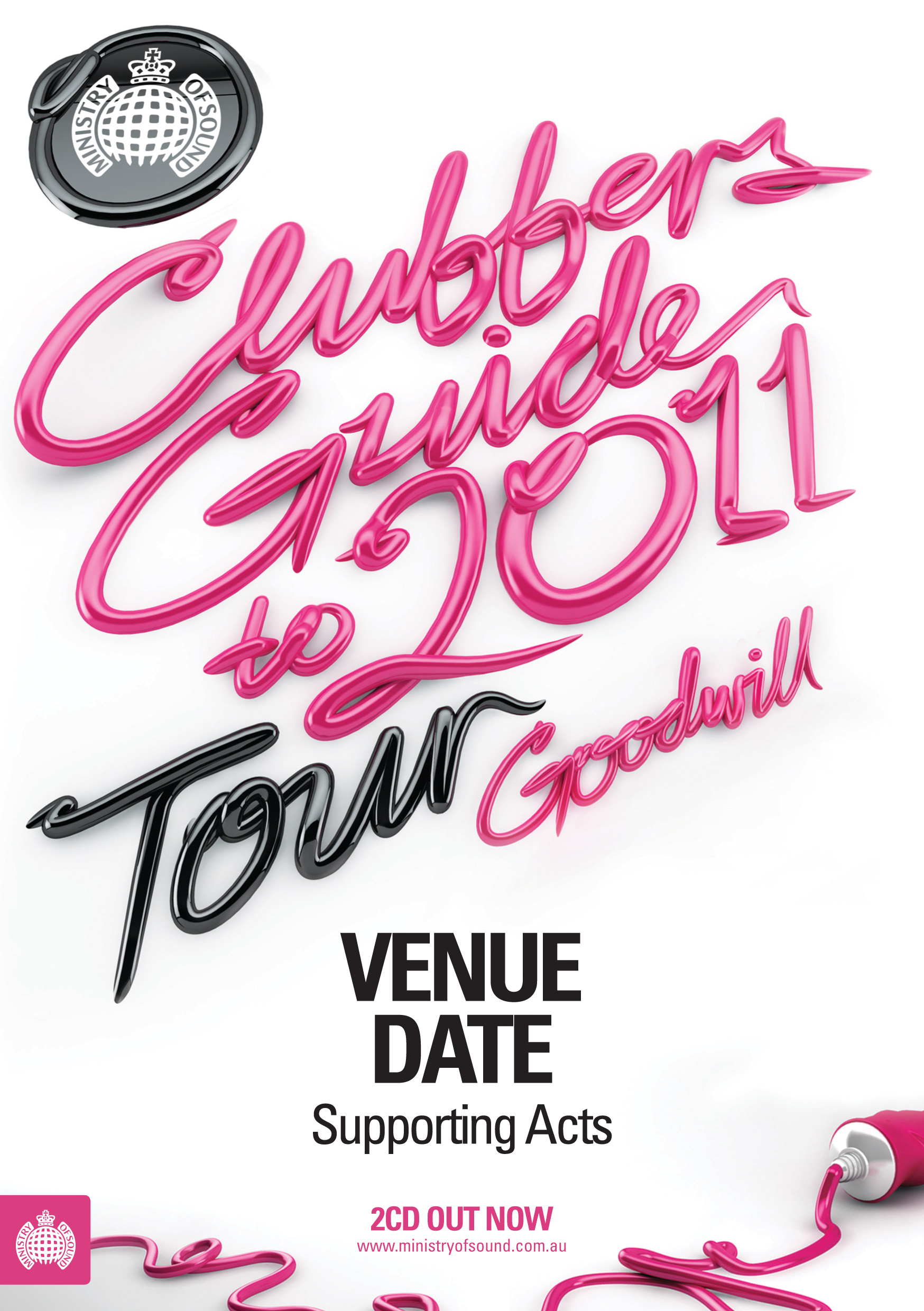 clubbers guide to 2011, 3d letters in pink like toothpaste, by luke choice