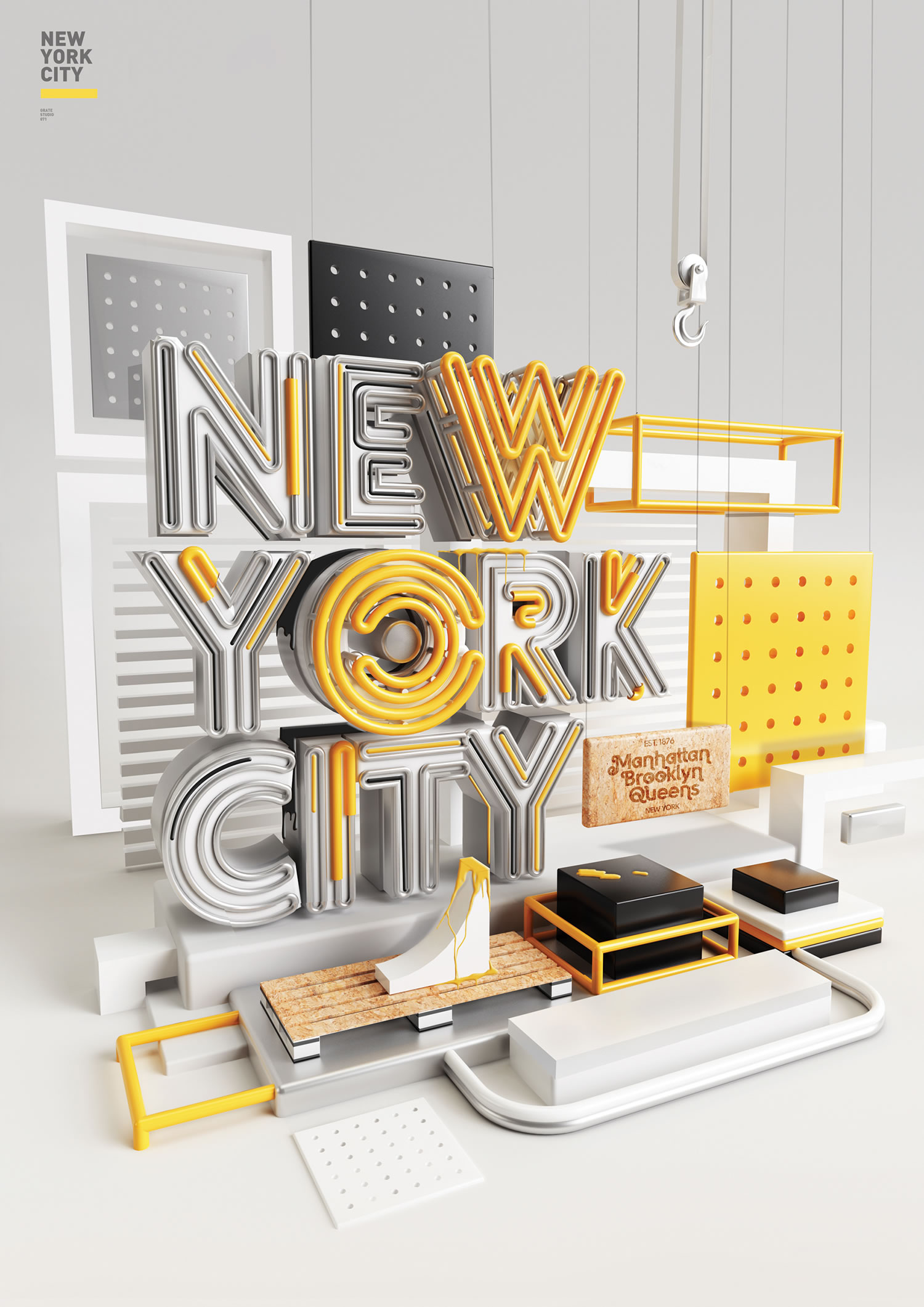 new york city lettering in 3d, neon yellow lights by peter tarka