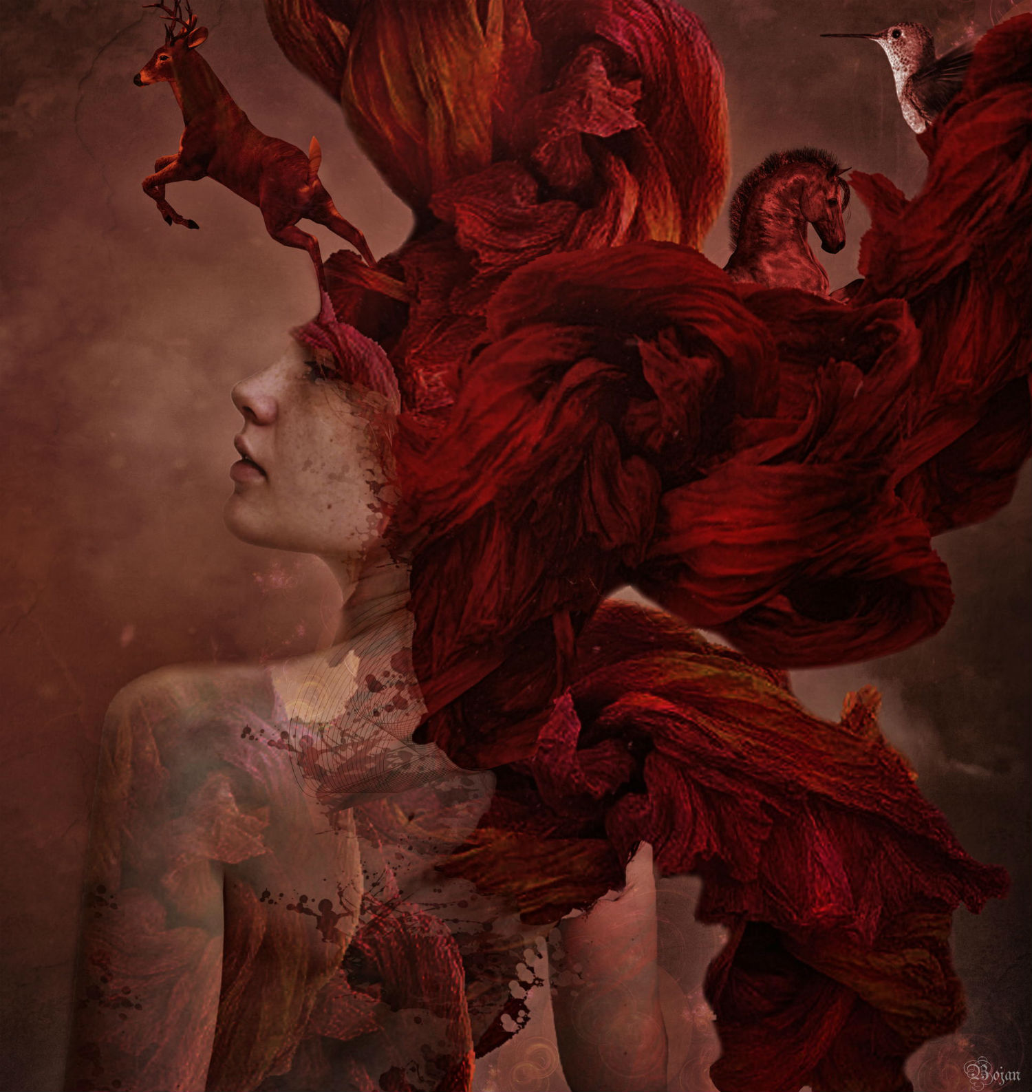 Bojan Jevtić digital art woman hair surreal red