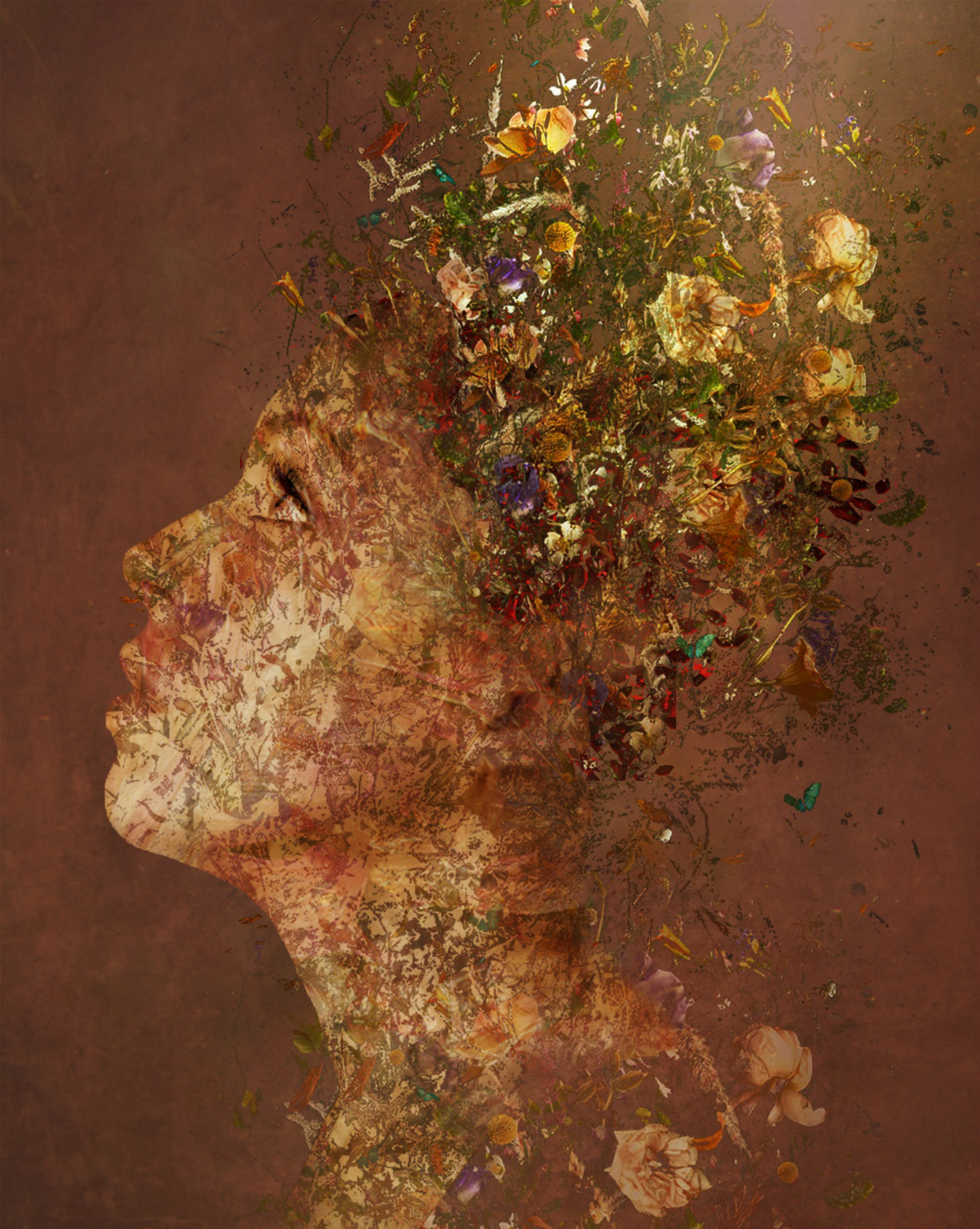 Bojan Jevtić digital art woman hair surreal flowers