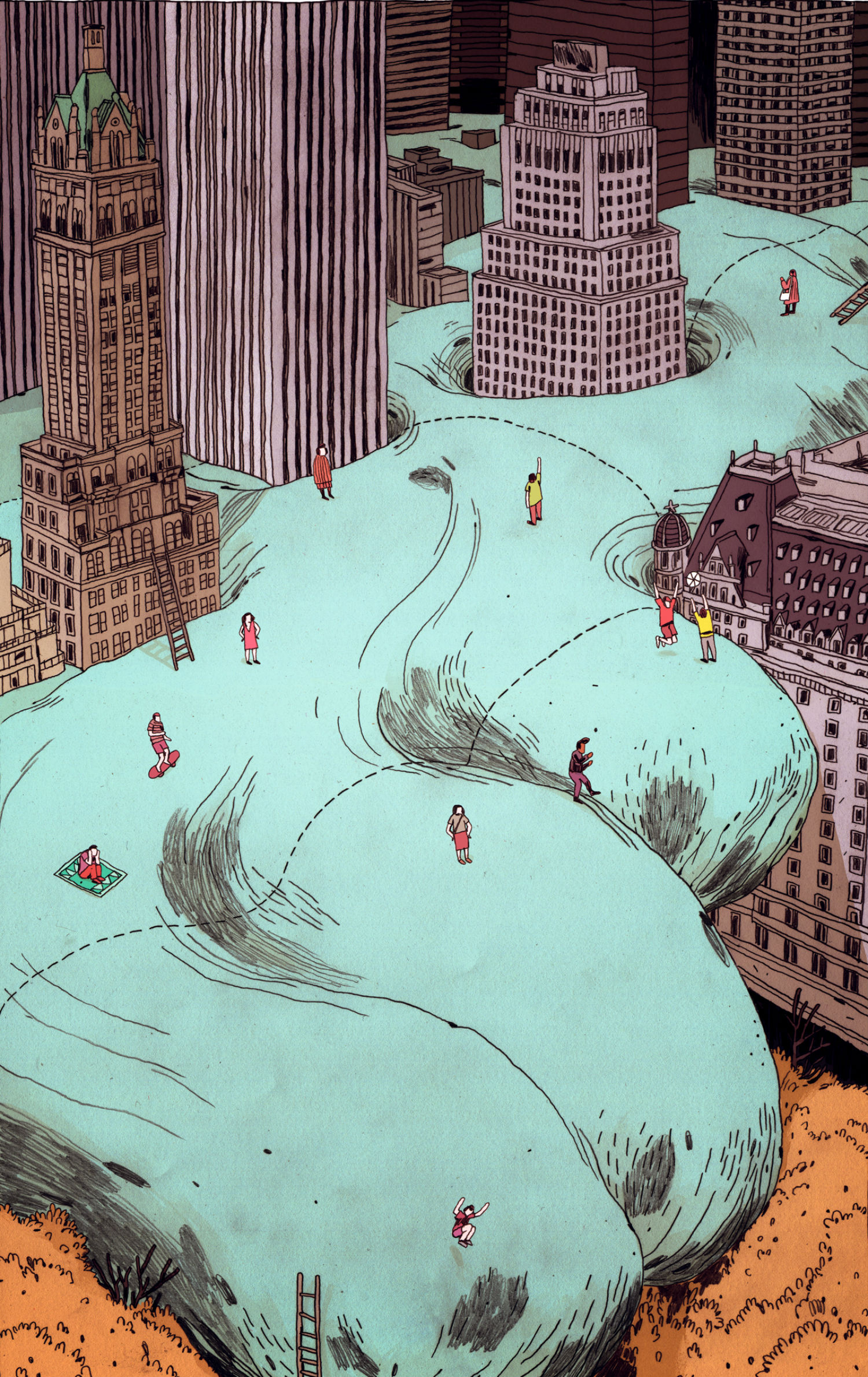 Jon Juarez illustration colour tidal wave city