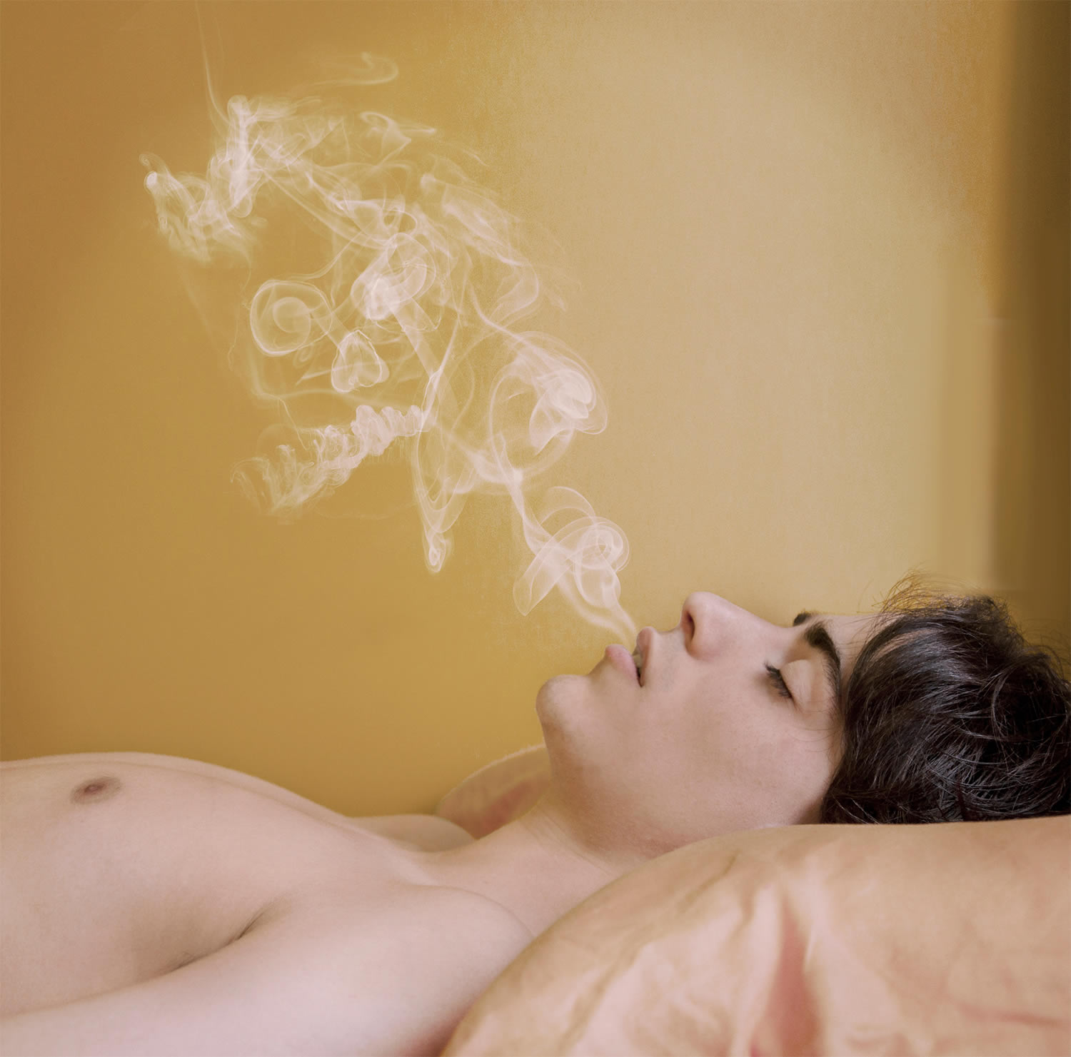 man resting on bed with smoke coming out of mouth, by ruben chase