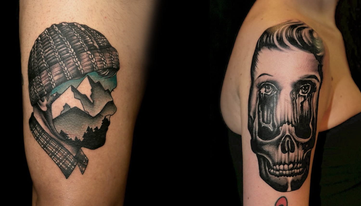 mountain man with knitted hat (illusional) tattoo, + woman's face melting into skull by pietro sedda