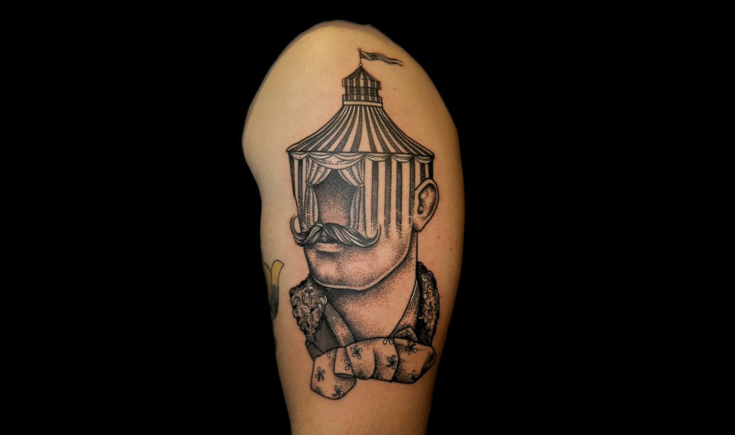 circus face moustache man (tent) tattoo by pietro sedda, italy. 