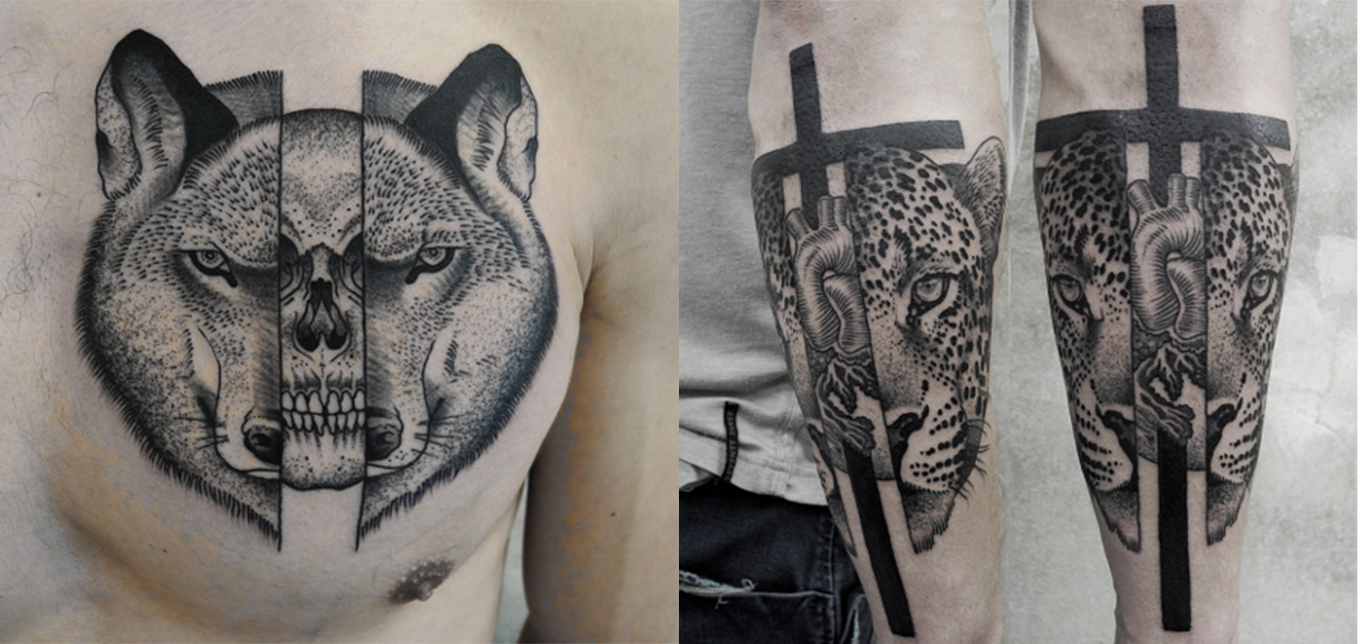 wolf head cut open with skull inside, and leopard head cut open with heart pumping inside. Tattoos by Valentin hirsch