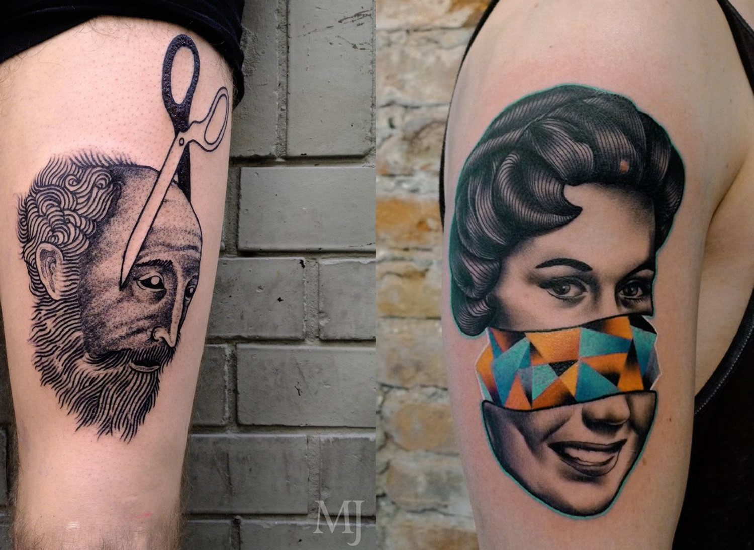 scissor cutting head by Martin Jahn, and woman with sliced head and rainbow triangles by Mariusz Trubisz