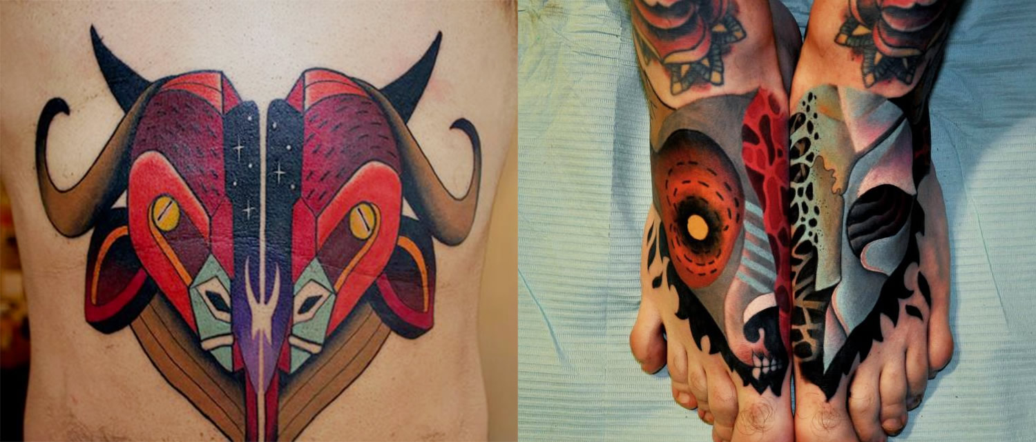 animal heads cut open, sliced in half, tattoos by Marcin Aleksander Surowiec