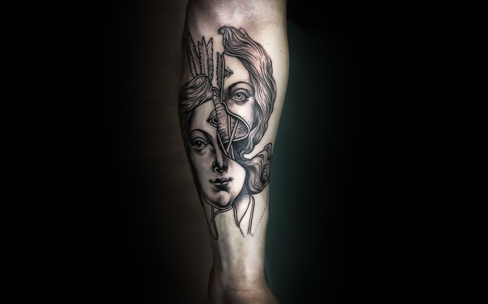 cut in half. Renaissance beauty sliced-up. Tattoo by Nick Broslavskiy.