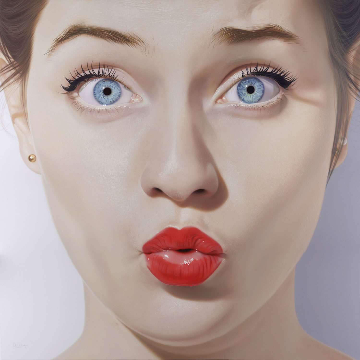 hyperreal painting by Hubert de Lartigue, woman with red lips