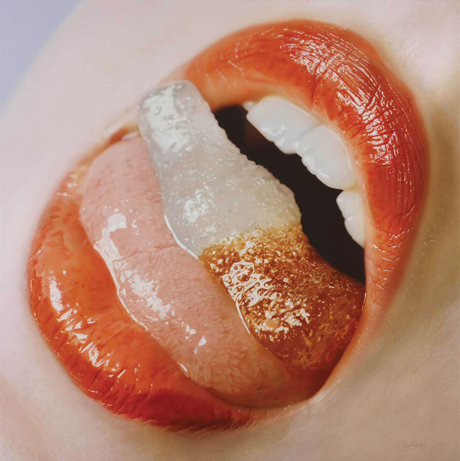 mouth eating a cocacola jelly/gummy by Hubert de Lartigue