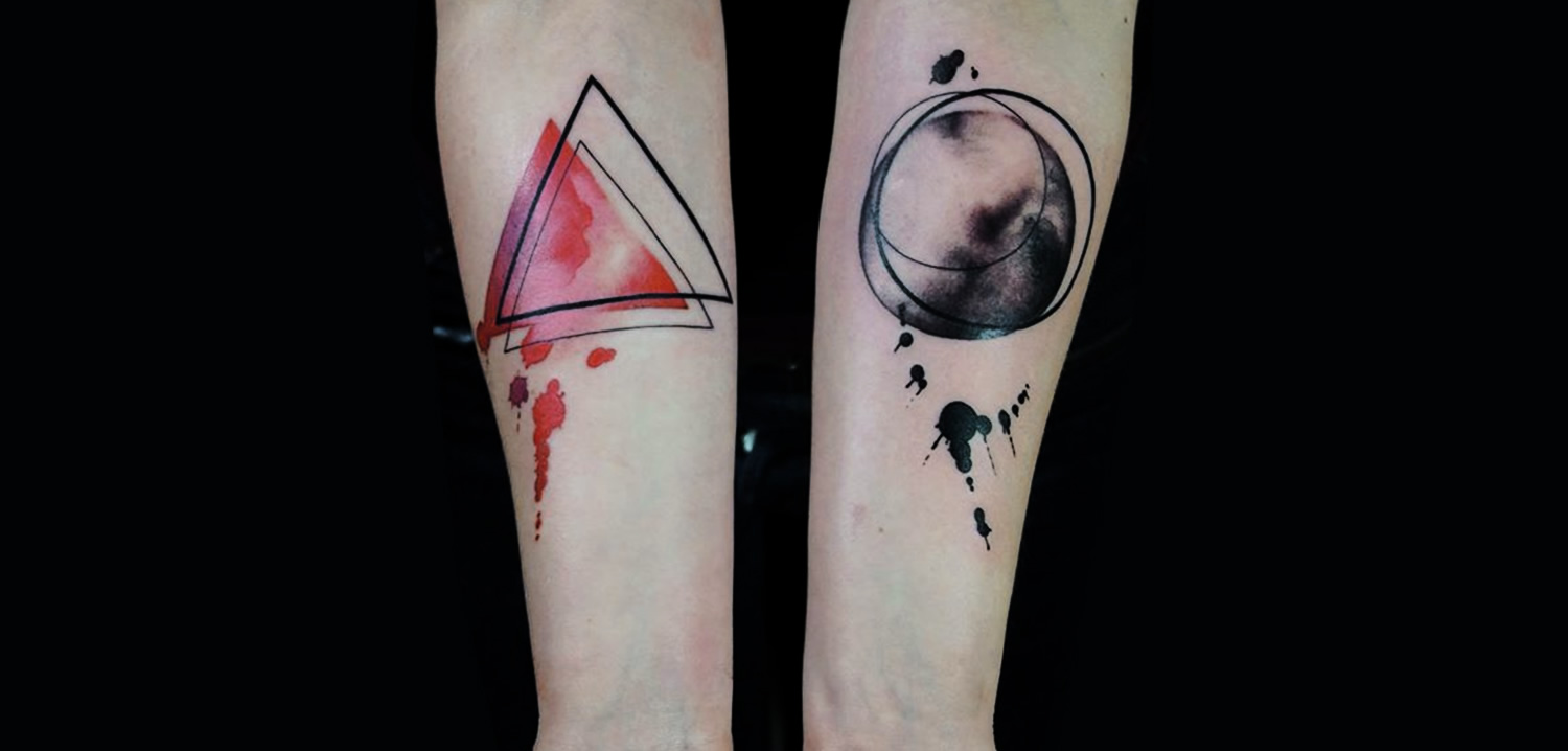 triangle and circle, watercolor paint style tattoo by Julia Rehme.