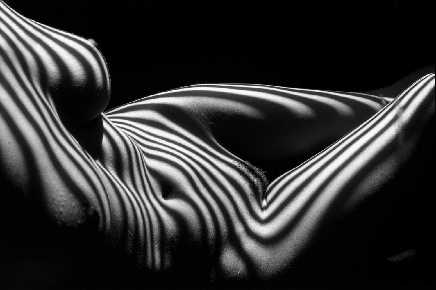 body at side, zebra striped nude, photography by lucien clergue