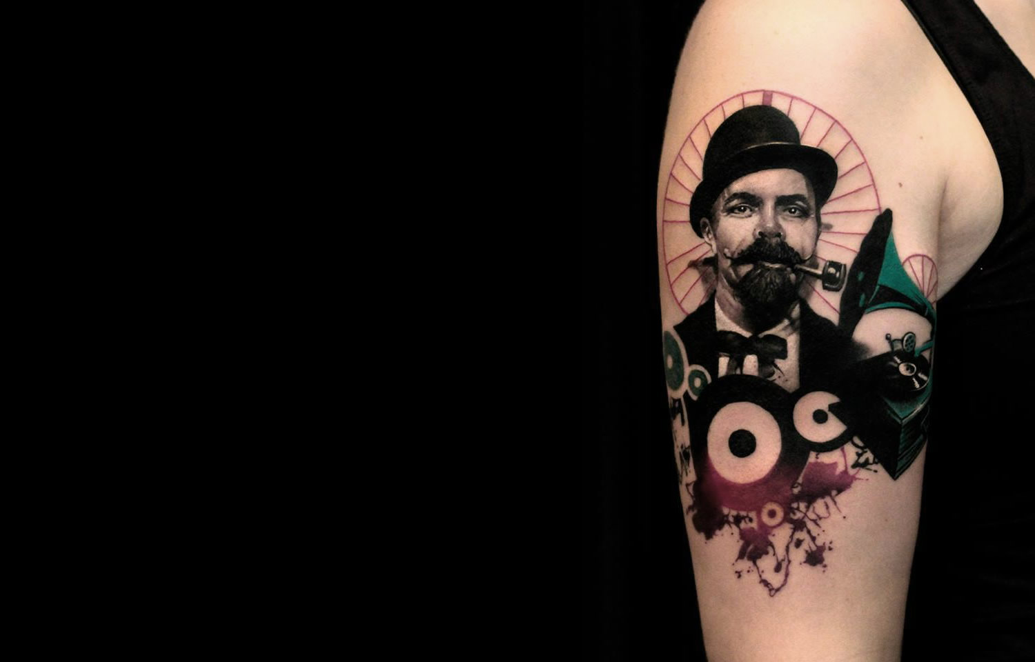 bowler hat man tattoo by Piranha Tattoo Studios