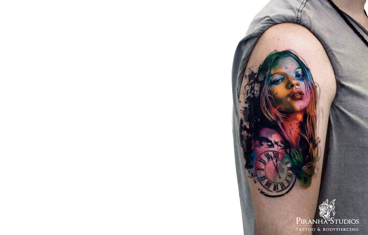 colored portrait tattoo by Piranha Tattoo Studios