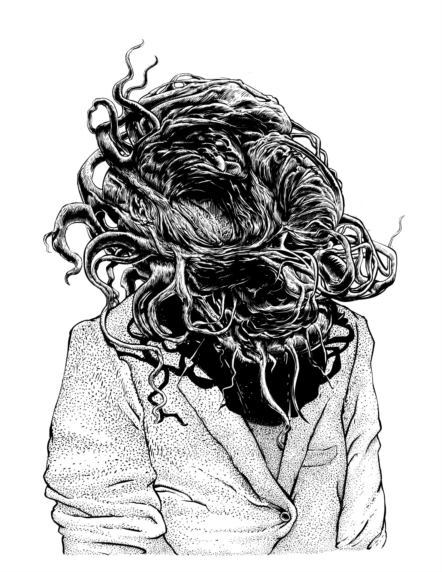 tomek plonka illustration surreal black white pencil portrait head mess
