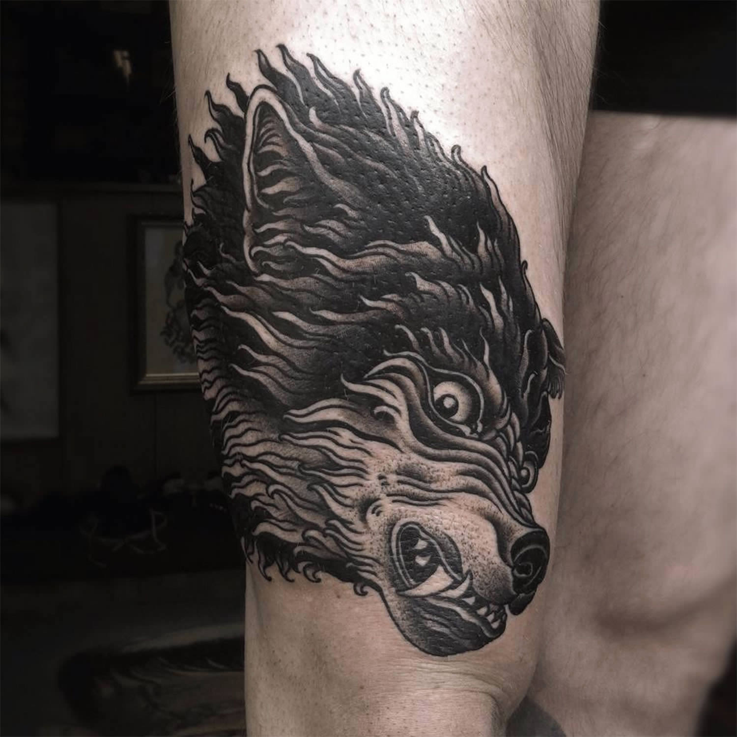 wolf tattoo on leg by alexander grim