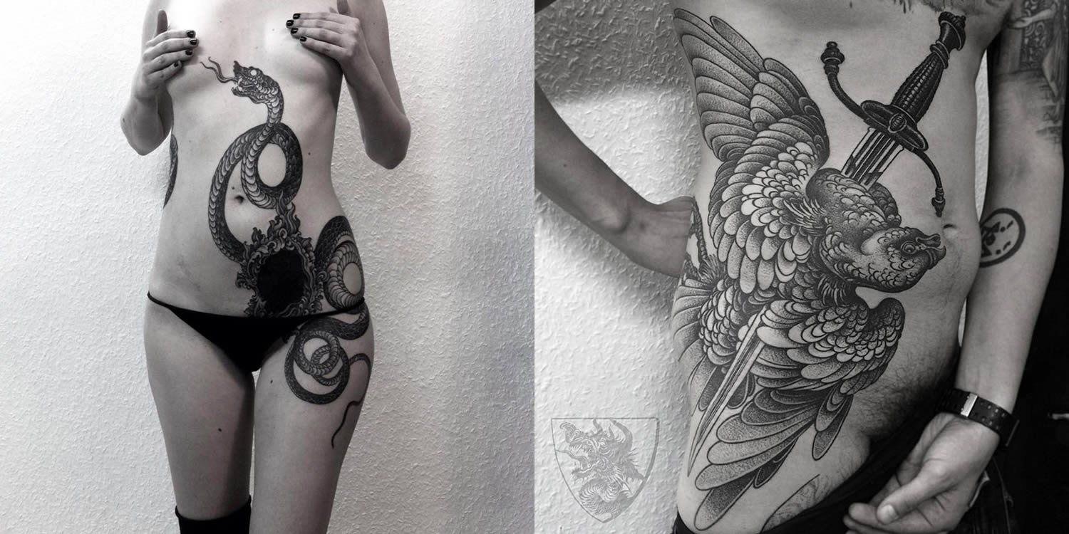 snake and bird with sword tattoos by alexander grim