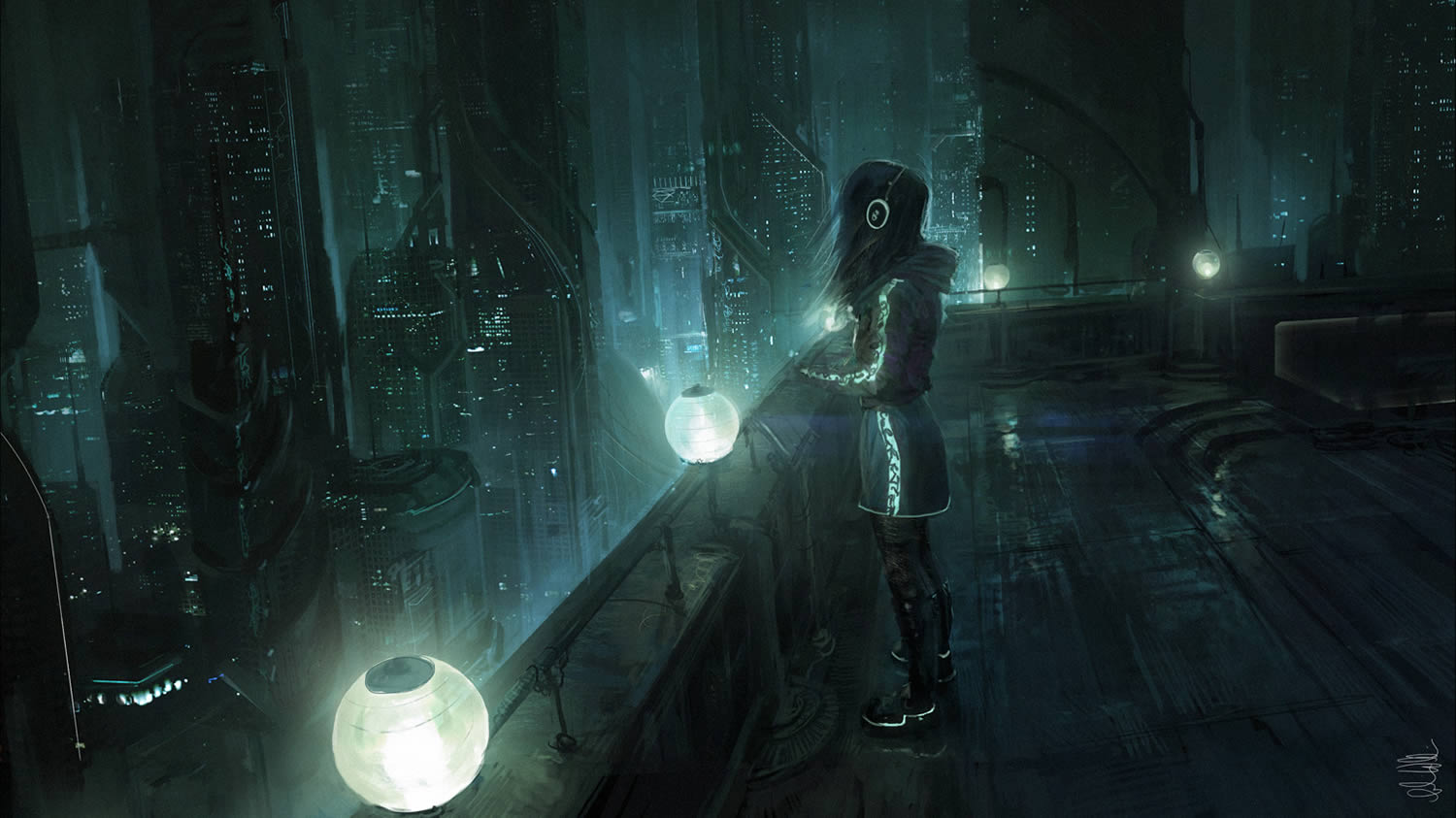 girl in a jupiter ascending style future scene, looking over a balcony. by apocalyptic scene by Andree Wallin