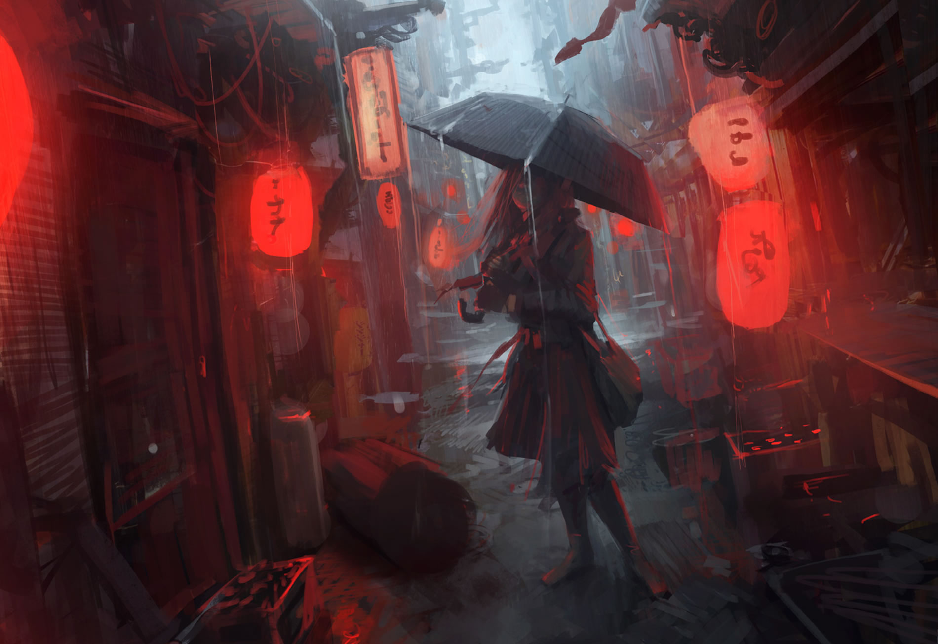 chinese laterns and woman with umbrella in rainy weather, digital art by Andree Wallin
