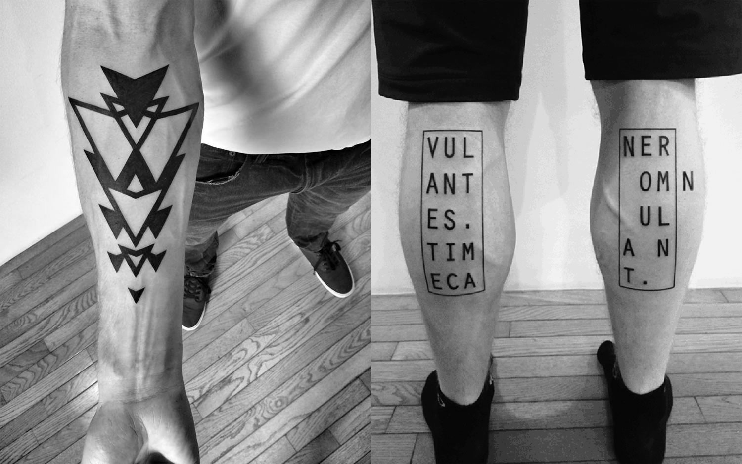 triangles on arm and letters and rectangle outline on leg, tattoos by ben volt, blackwork