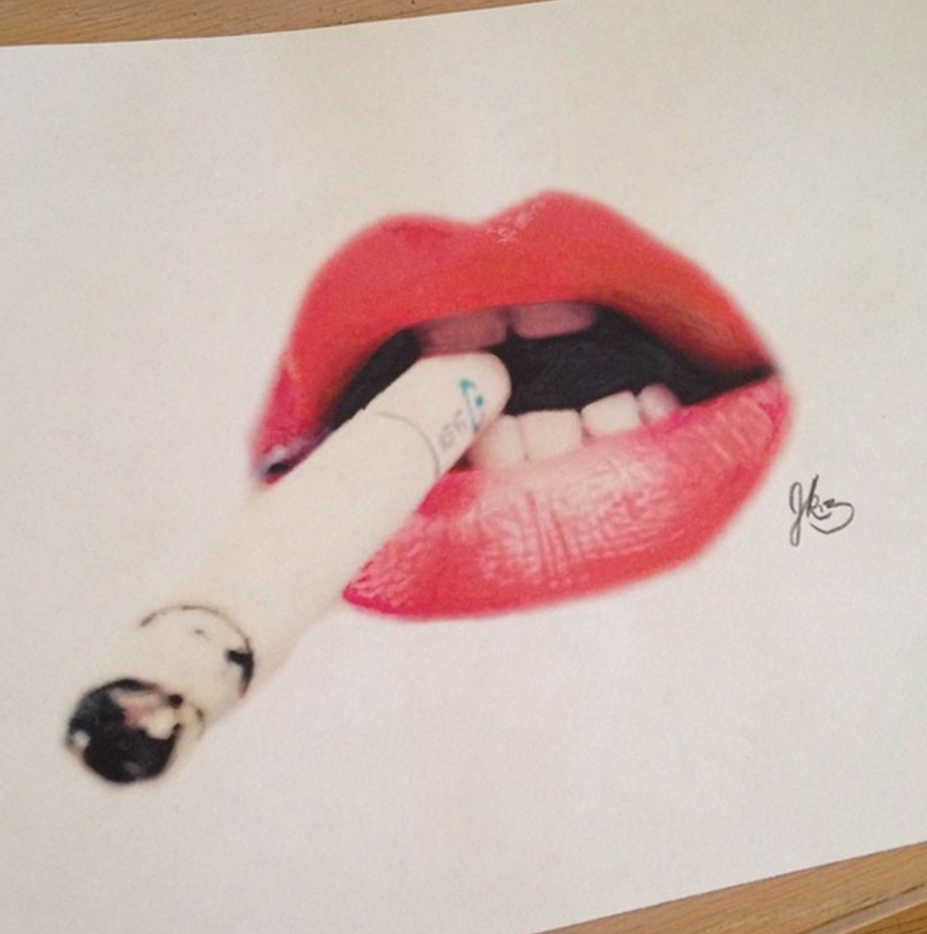 lips holding a cigarrette, 3d drawing by joshua krecioch