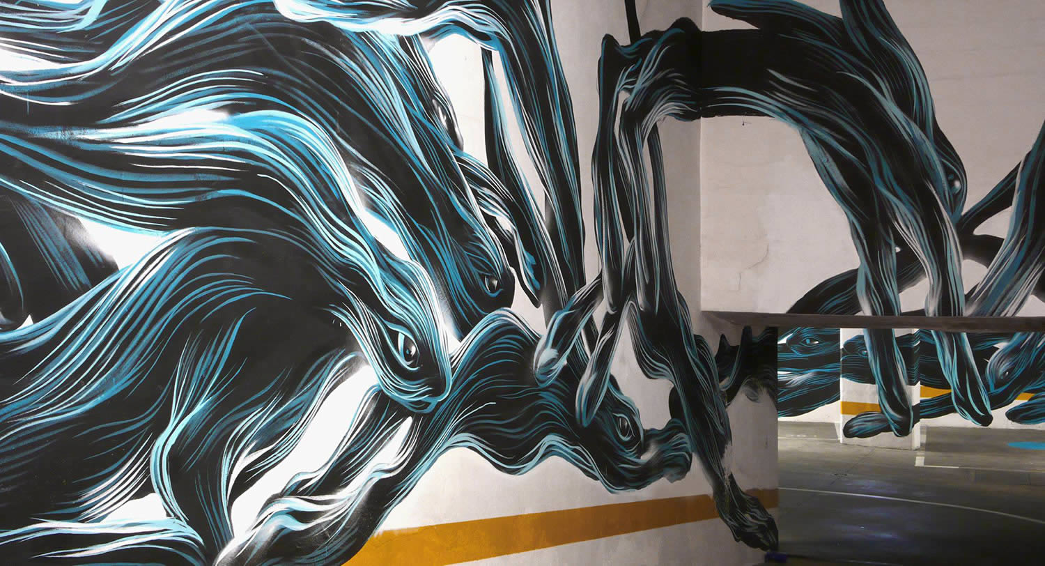 rabbits in motion, graffiti in car garage by pantonio