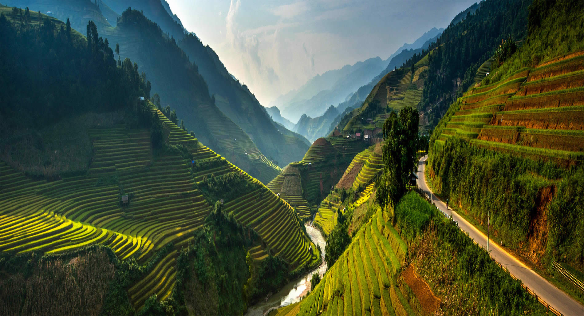 high altitude rice terraces, mountains, valley, by  Sarawut Intarob