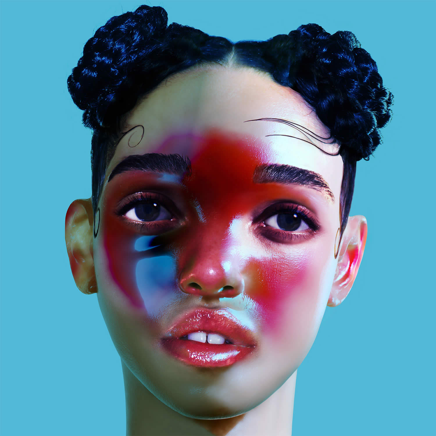 lp1 by FKA twigs, blue background and girl with red spots on face