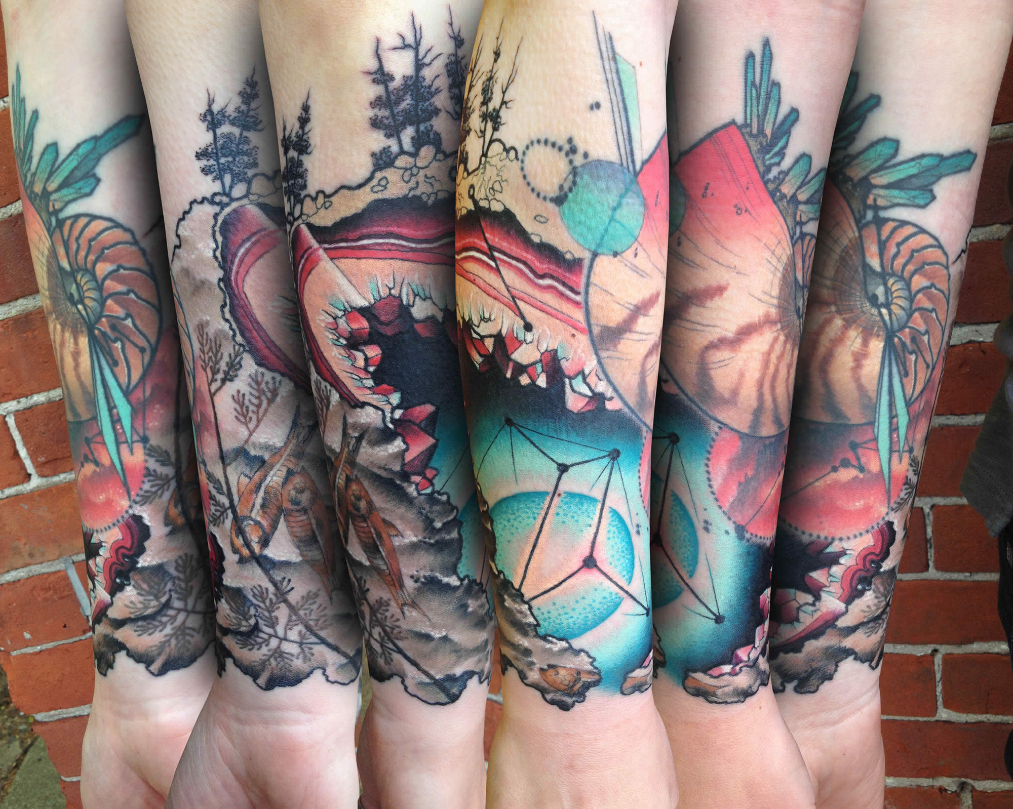 cellestial, rock gemstone, trees, nature tattoo by cody eich