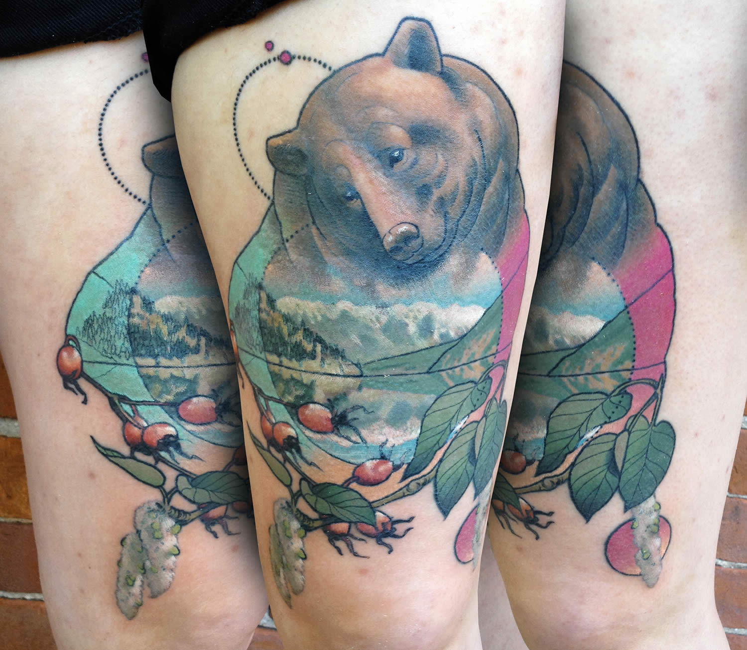 bear with mountain scene tattoo, nature, by cody eich