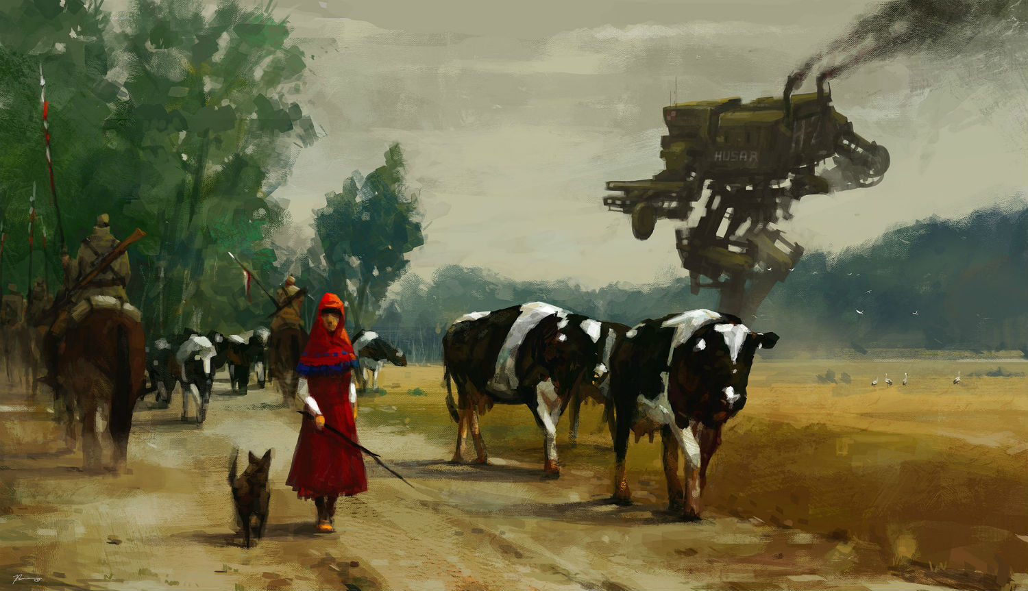 jakub rozalski digital painting landscape history future cow