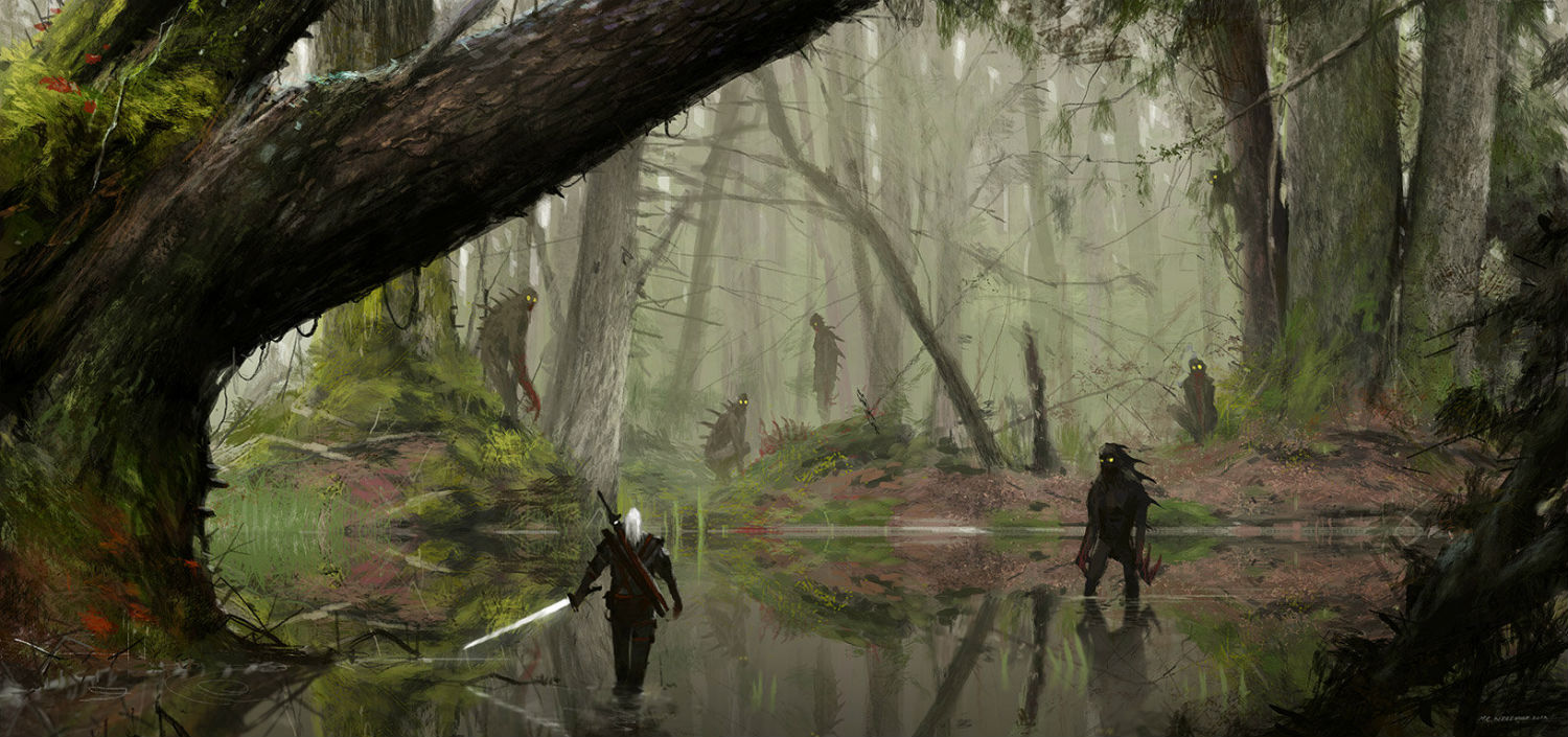 jakub rozalski digital painting landscape history future witched swamp
