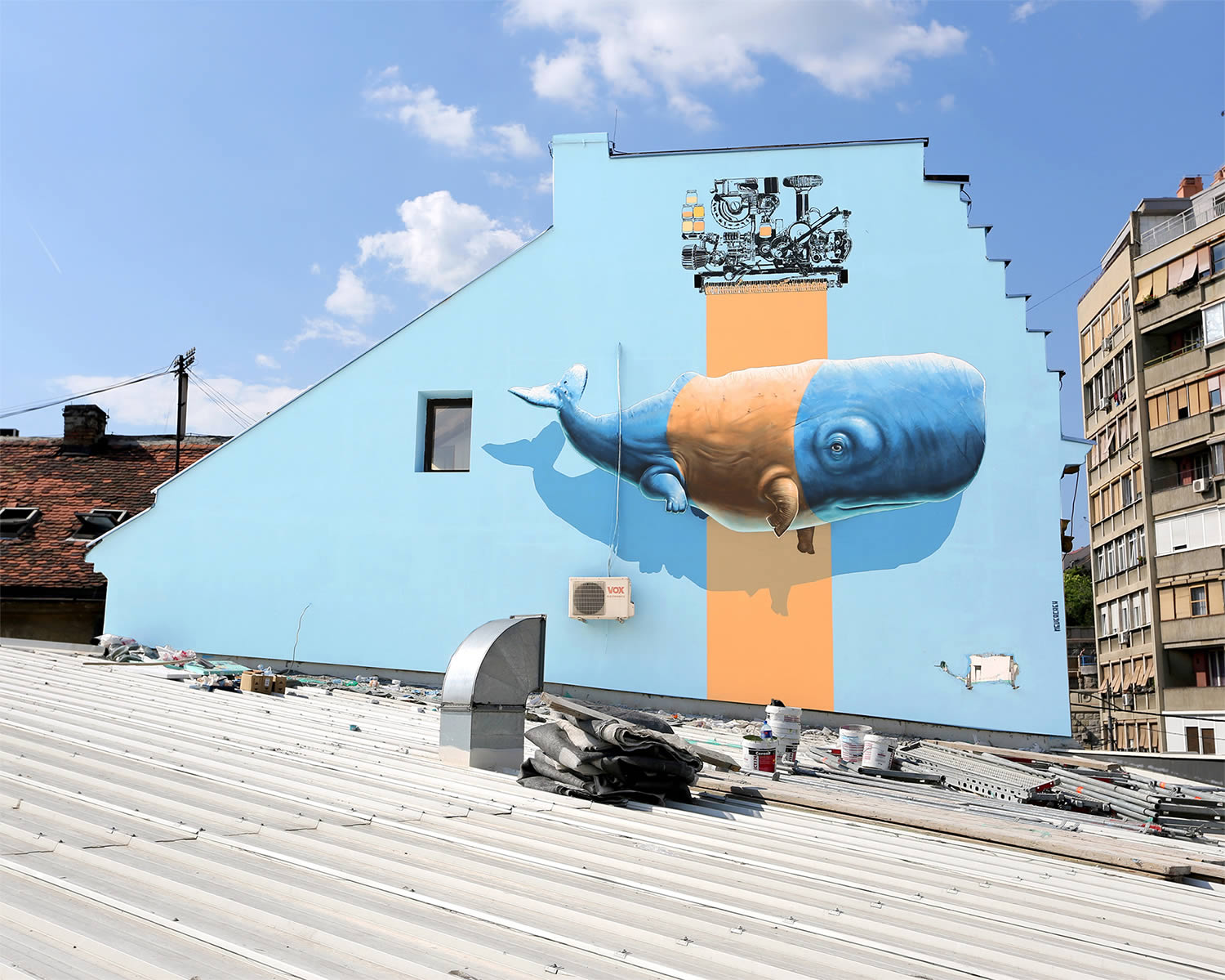 3d whale graffiti on building by nevercrew