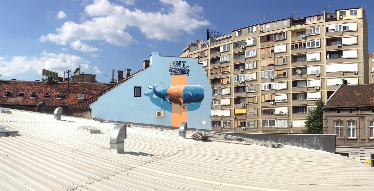 side view from rooftops, whale mural by nevercrew, 3d street art