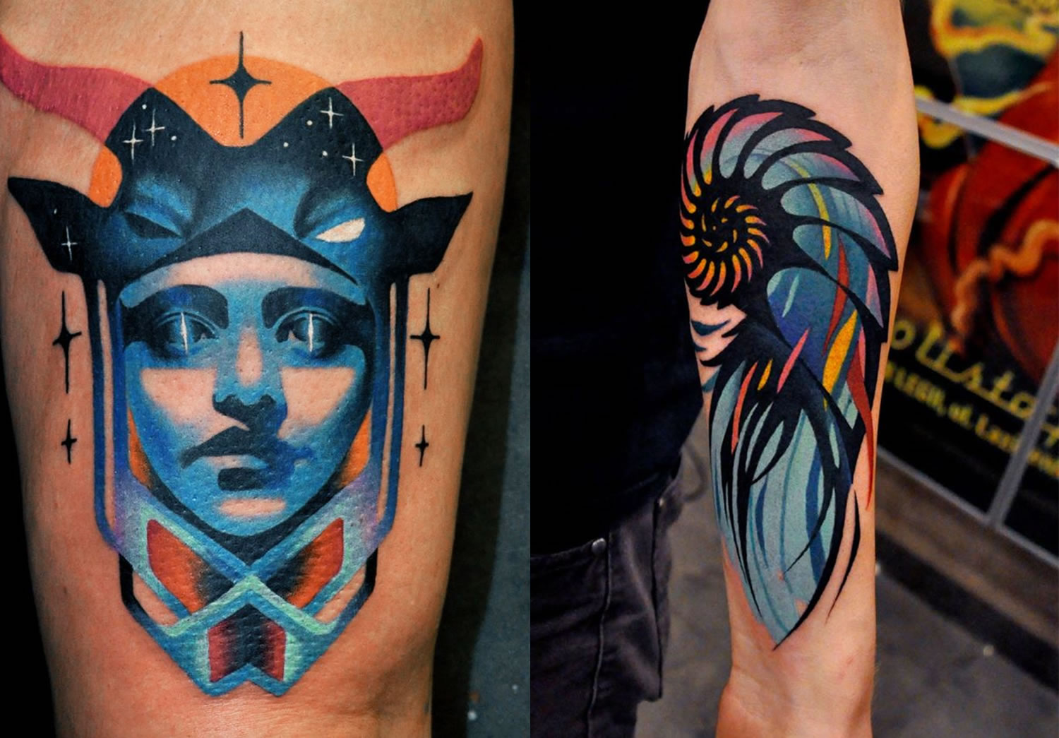 colorful portrait and sea shell tattoos by Marcin Aleksander Surowiec