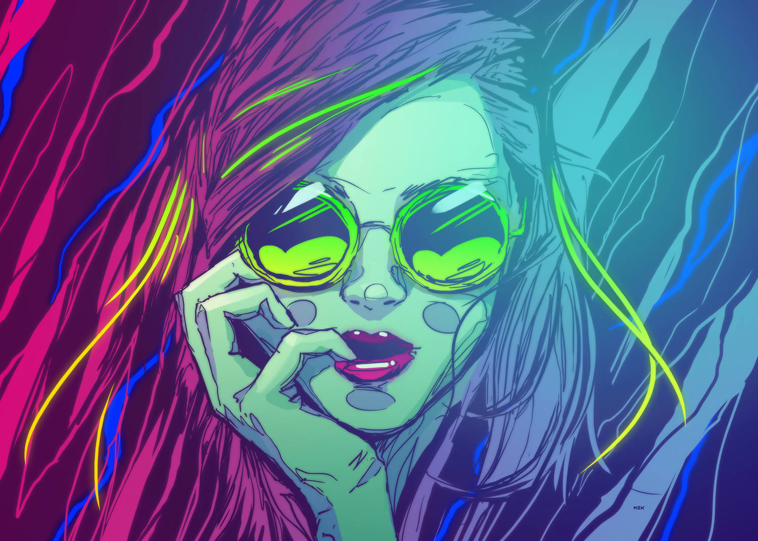 neon girl with sunglasses, "GoGuide x MZK" by Kaloian Toshev.