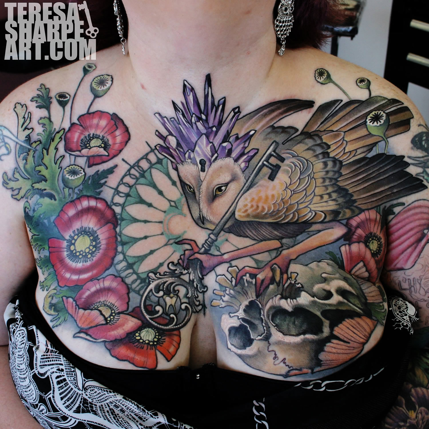 bird, flower and skull tattoo by teresa sharpe