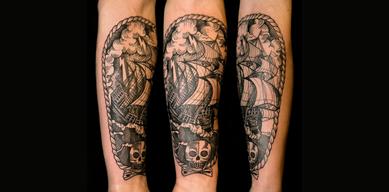 Pirate ship inked on a client’s anterior forearm by Pietro Sedda (Italy).