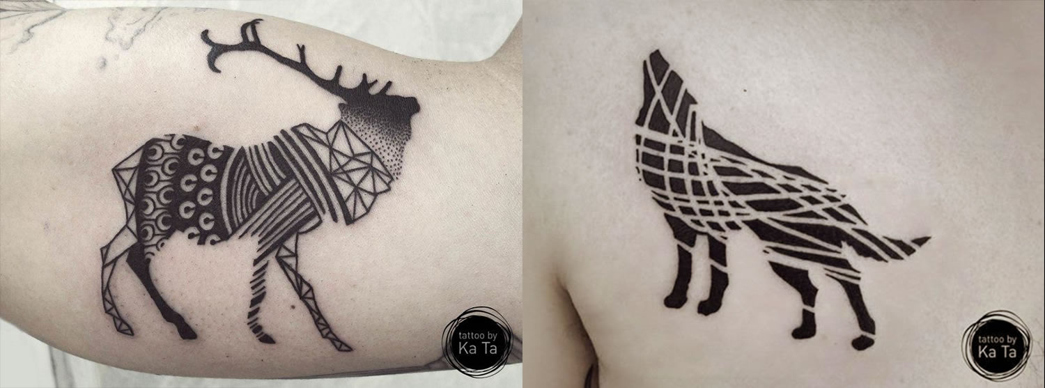 deer and wolf, black ink tattoos by ka ta