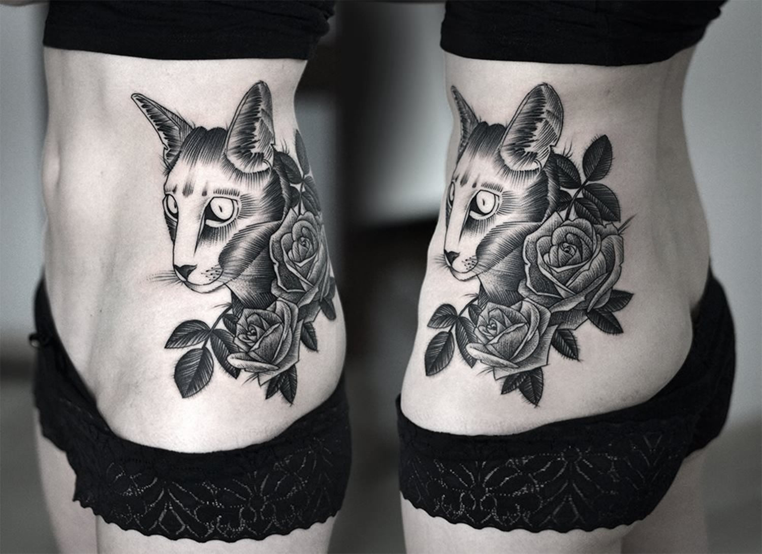 cat, blackwork, tattoo by kamill czapiga