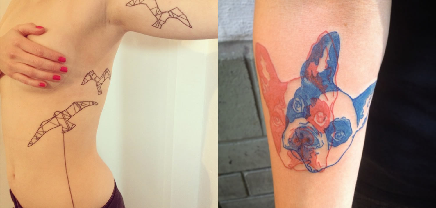 birds flying and french bulldog tattoos by Madame Chän