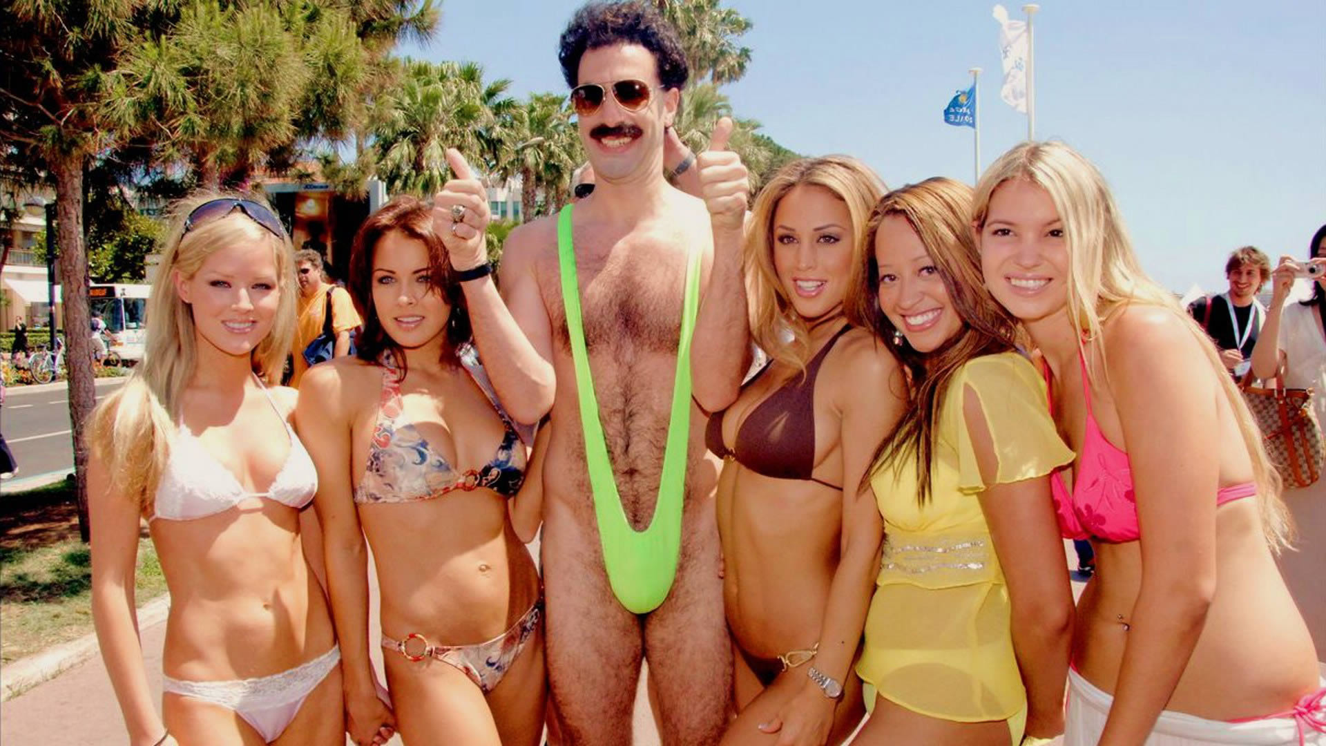 borat in bathing suit with sexy girls, from borat the movie