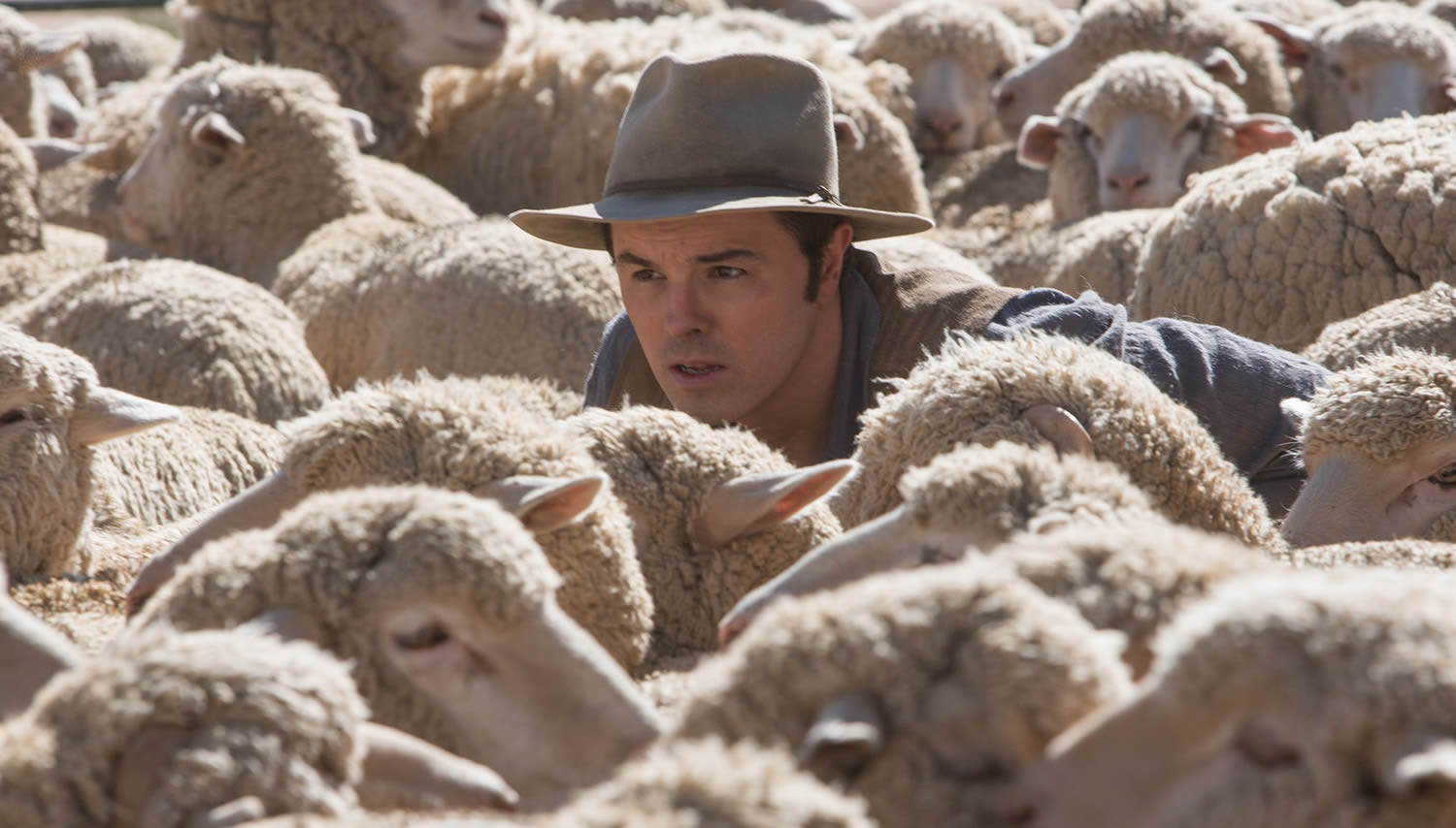Seth McFarlane hiding within sheep, a million ways to die in the west