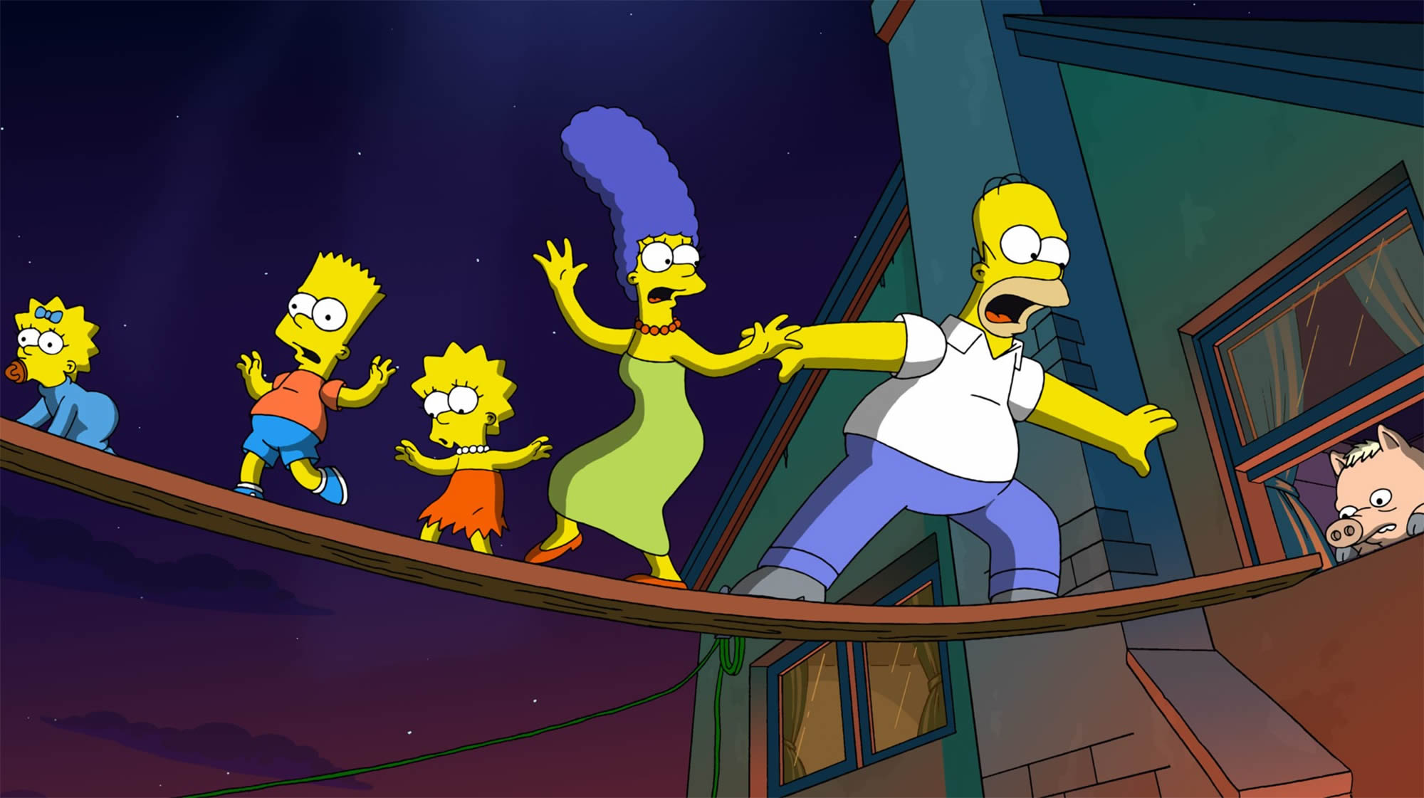 the simpsons trying to balance on a wood plank, from the simpsons movie 2007