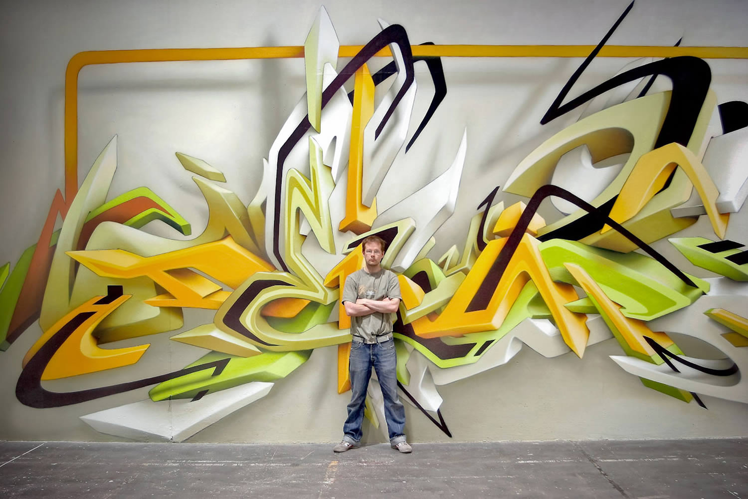 yellow 3d graffiti with DAIM posing in middle