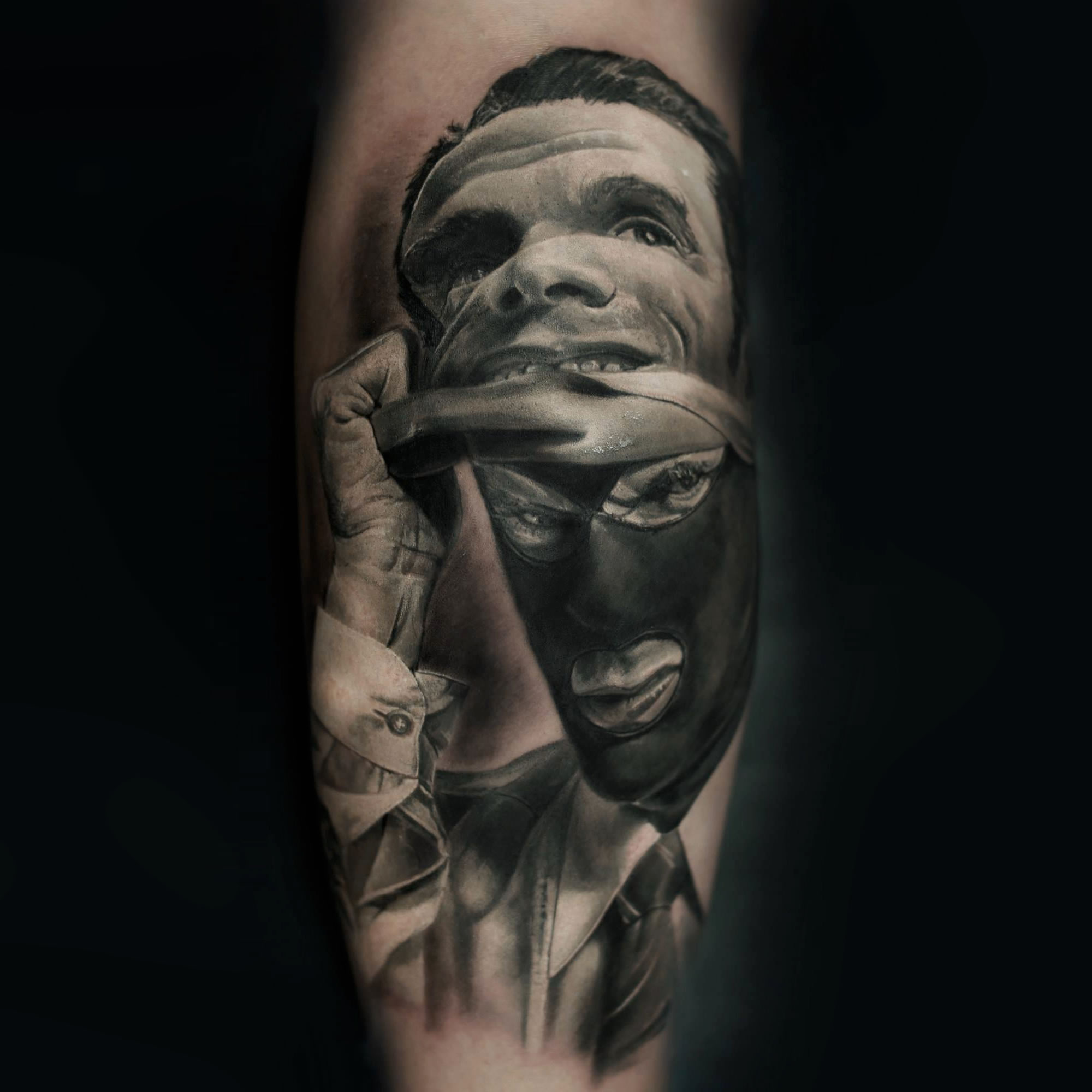 robber with human-face mask, tattoo by iwan yug