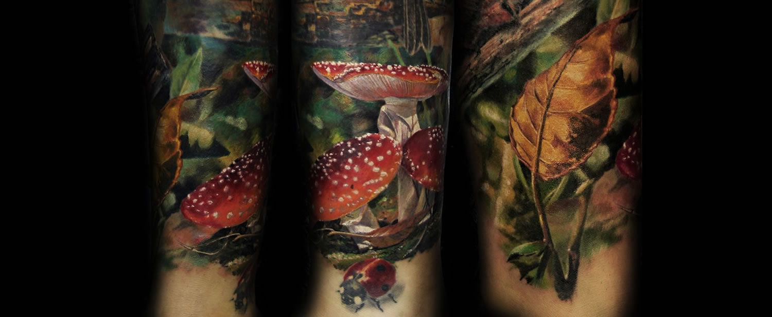 red mushrooms and vegetation, tattoo by iwan yug