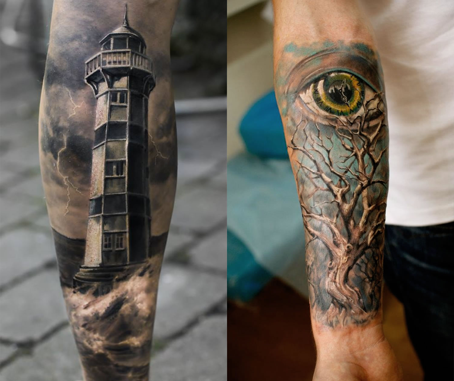 realistic lighthouse and tree with eye sleeve, by iwan yug