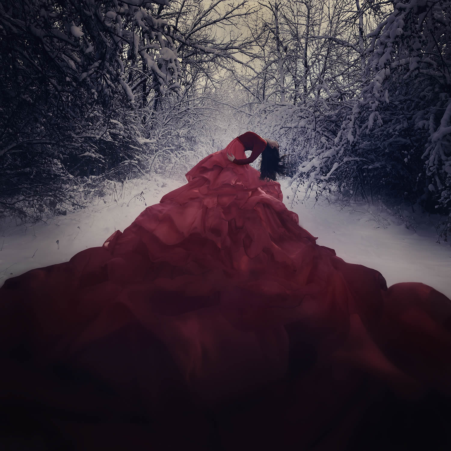 big red dress, surreal photo by jenna martin