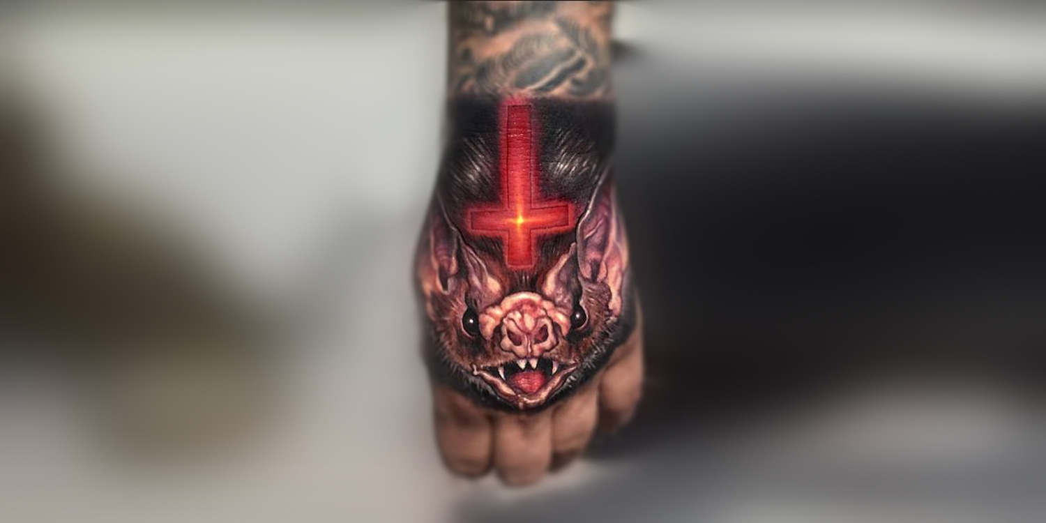 vampire bat tattoo by paul acker, hand tattoo